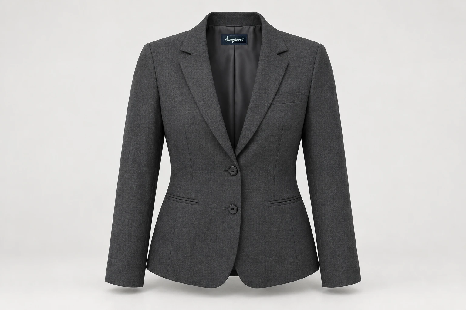 Blazers — Women's charcoal-grey single-breasted two-button blazer, notch lapels, lightly shaped waist, welt breast pocket, tonal charcoal buttons. product front. Illustrative catalogue concept.