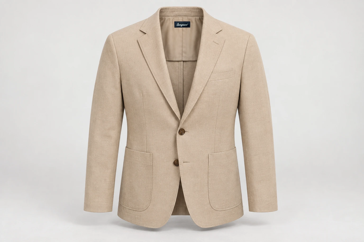 Blazers — Men's sand-beige two-button blazer, soft notch lapels, lower patch pockets, brown horn-effect buttons. product front. Illustrative catalogue concept.
