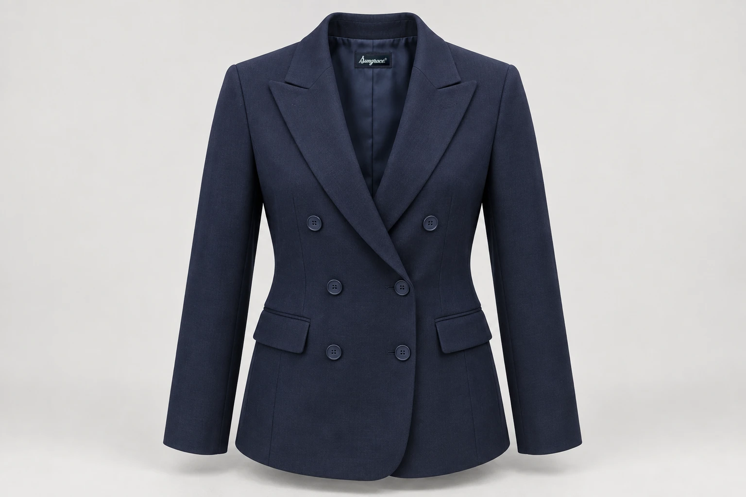 Blazers — Women's navy double-breasted six-button blazer, restrained peak lapels, navy tonal buttons. product front. Illustrative catalogue concept.