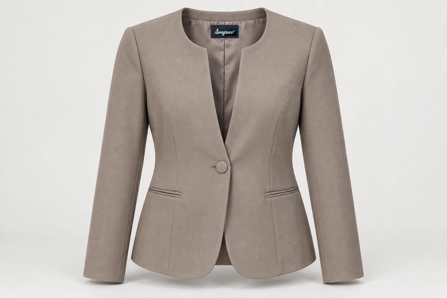 Blazers — Women's taupe collarless blazer with clean round neckline and one tonal covered button, lightly shaped waist. product front. Illustrative catalogue concept.