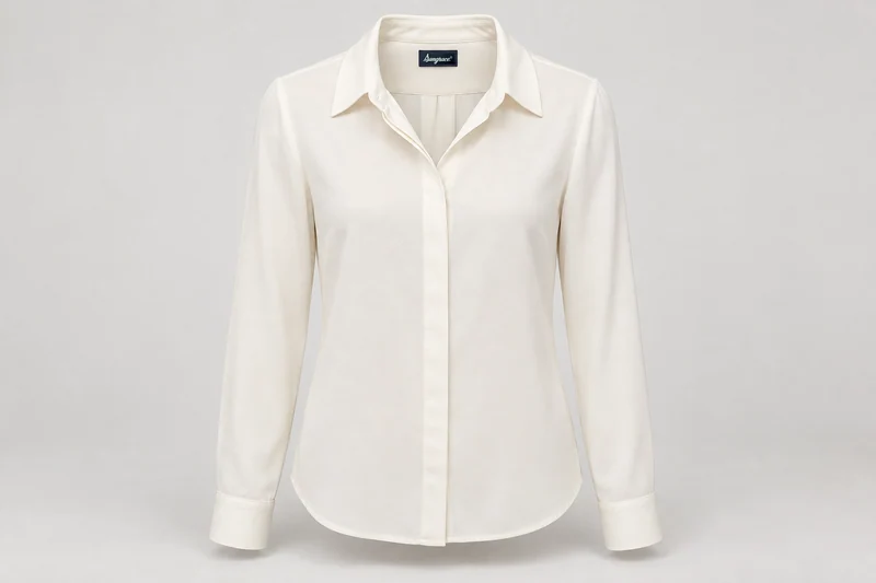 Corporate Blouses — Ivory women's long-sleeve crepe blouse, point collar, concealed button placket, simple cuffs. product front. Illustrative catalogue concept.
