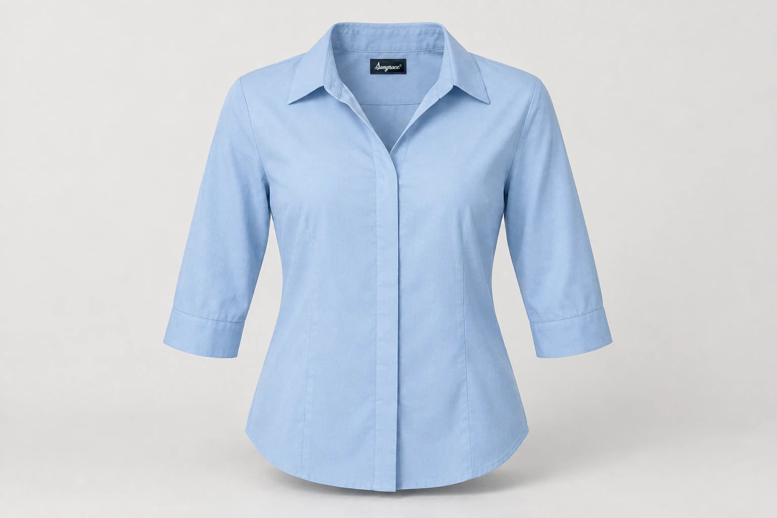Corporate Blouses — Powder-blue women's three-quarter-sleeve blouse with soft point collar and plain narrow placket. product front. Illustrative catalogue concept.