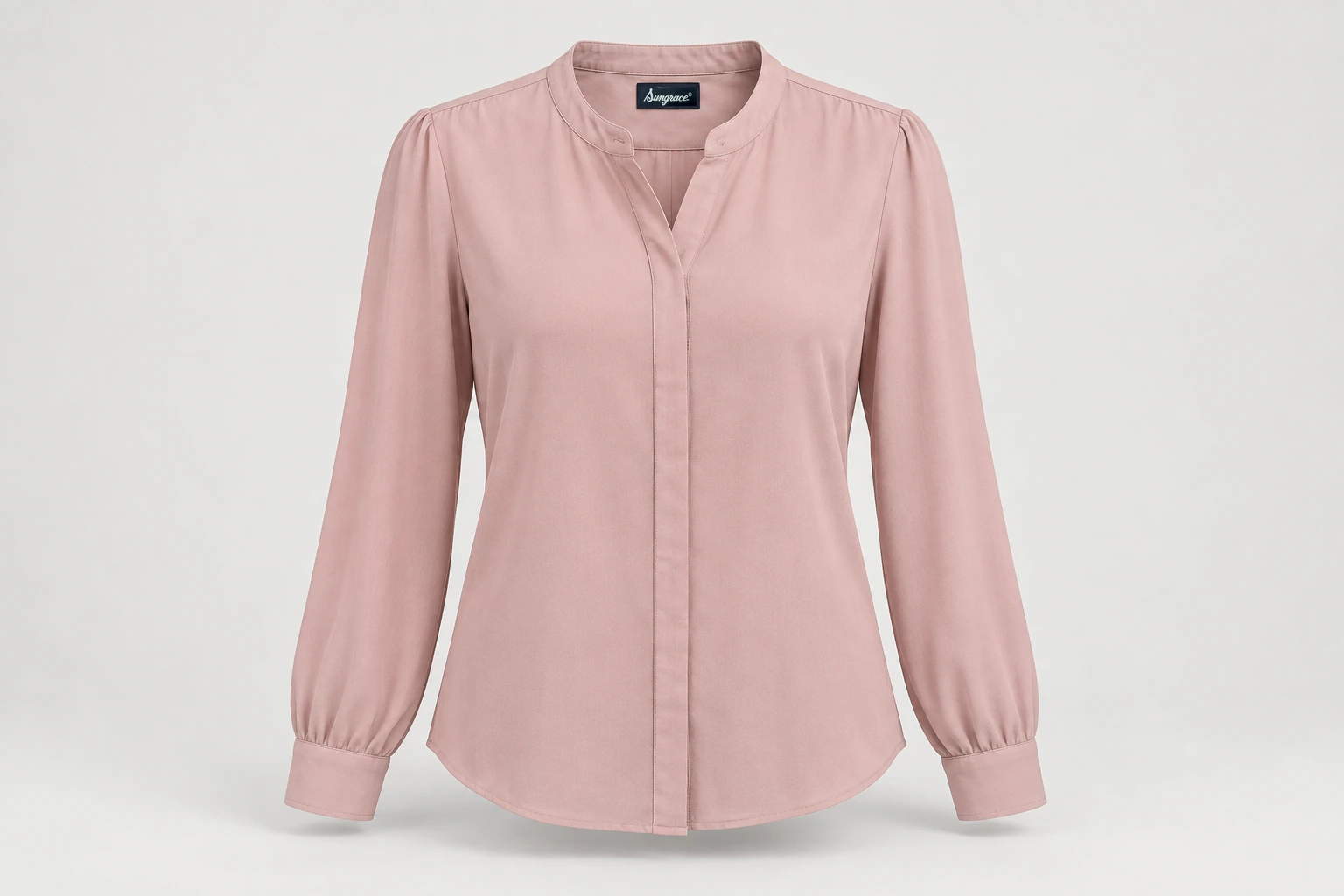 Corporate Blouses — Dusty blush women's long-sleeve band-collar blouse with narrow covered placket. product front. Illustrative catalogue concept.
