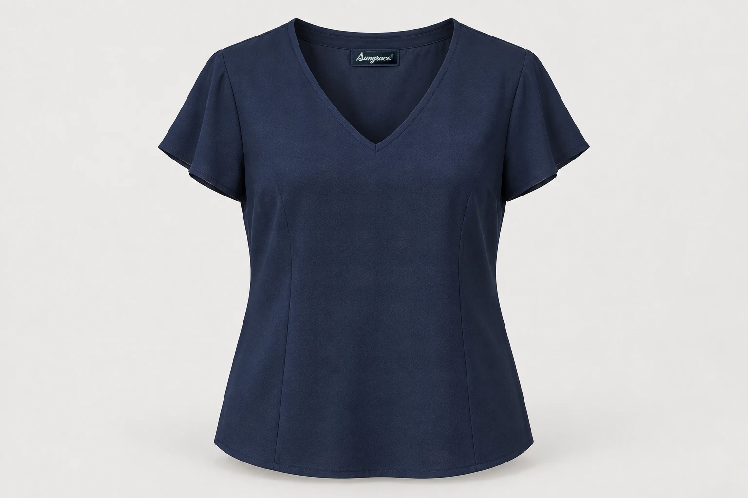 Corporate Blouses — Navy women's short-sleeve modest V-neck blouse with softly shaped seams and no buttons. product front. Illustrative catalogue concept.