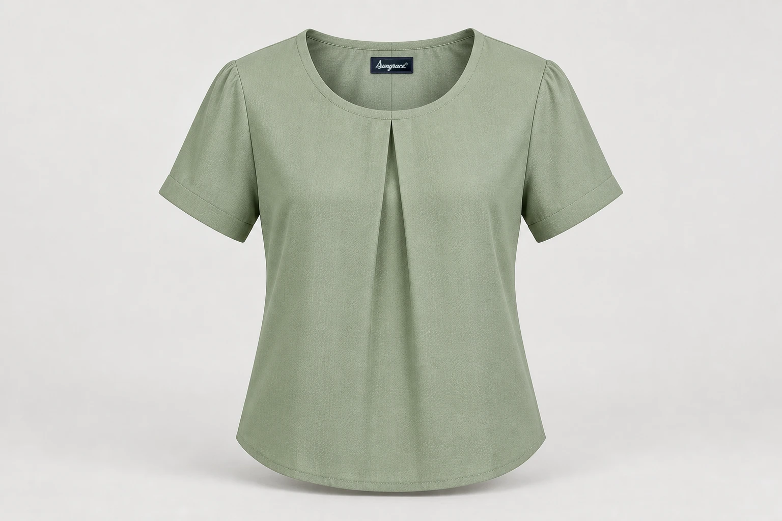 Corporate Blouses — Sage-green women's short-sleeve round-neck blouse with one controlled centre pleat. product front. Illustrative catalogue concept.