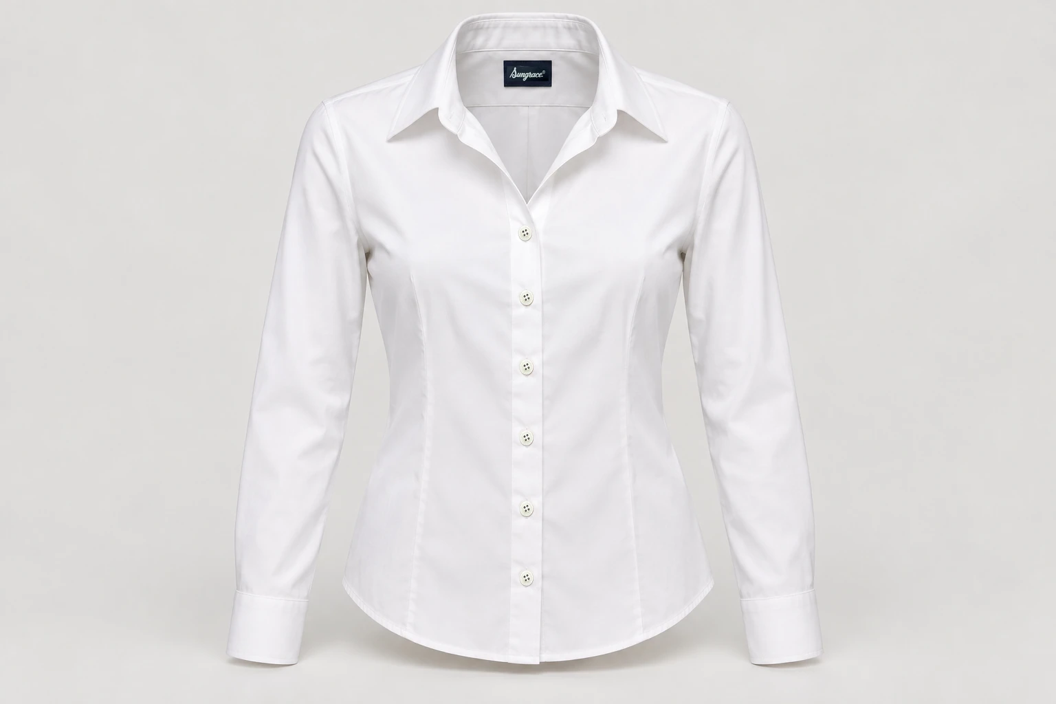 Corporate Blouses — White women's long-sleeve fitted blouse with spread collar and neat pearl buttons. product front. Illustrative catalogue concept.