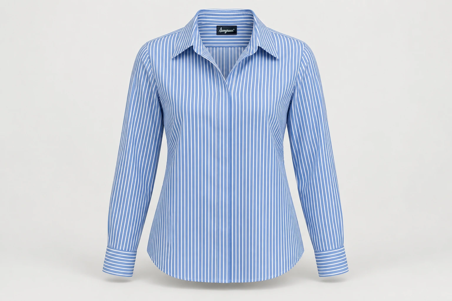 Corporate Blouses — Fine blue-white vertical striped women's long-sleeve blouse, collar and concealed placket. product front. Illustrative catalogue concept.