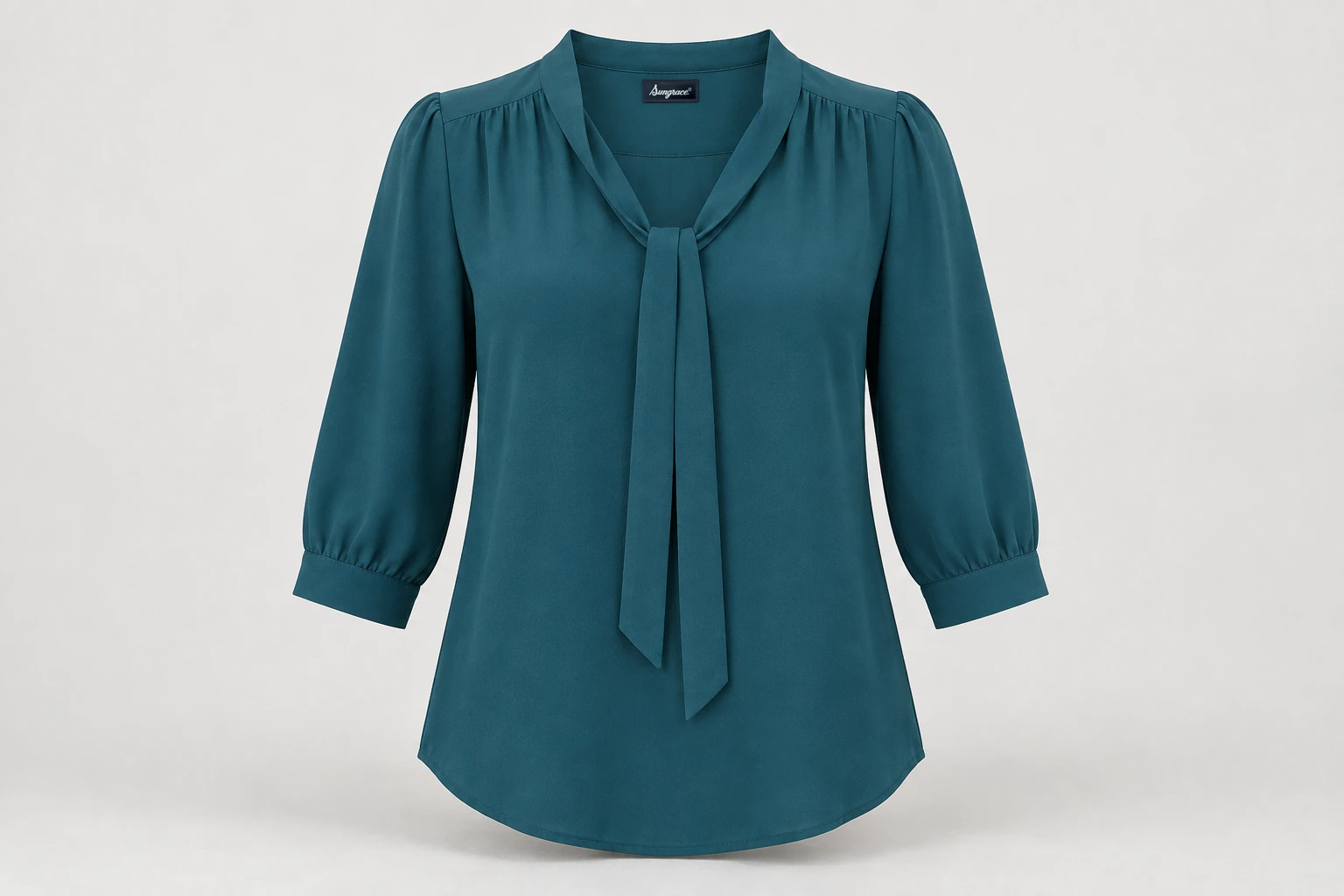Corporate Blouses — Deep teal women's three-quarter-sleeve blouse with a slim relaxed tie-neck, untied narrow ends lie neatly without blocking inside back neck. product front. Illustrative catalogue concept.