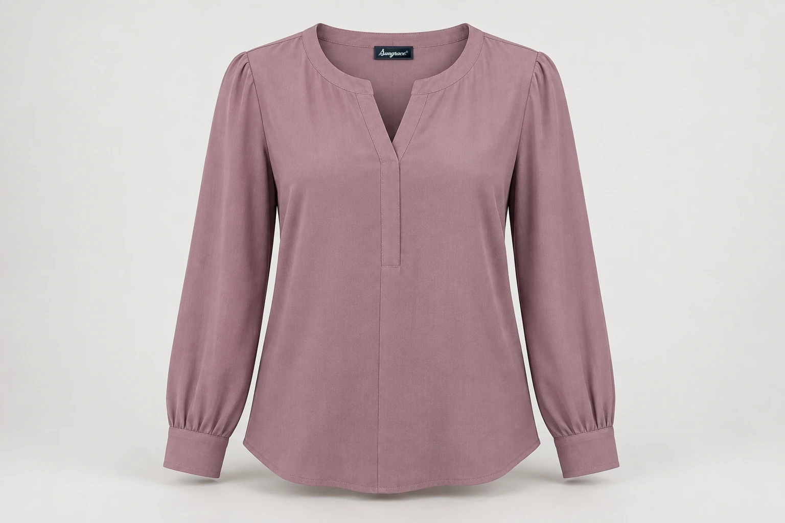 Corporate Blouses — Muted mauve women's long-sleeve blouse, modest round-neck with short clean slit, structured narrow cuffs. product front. Illustrative catalogue concept.