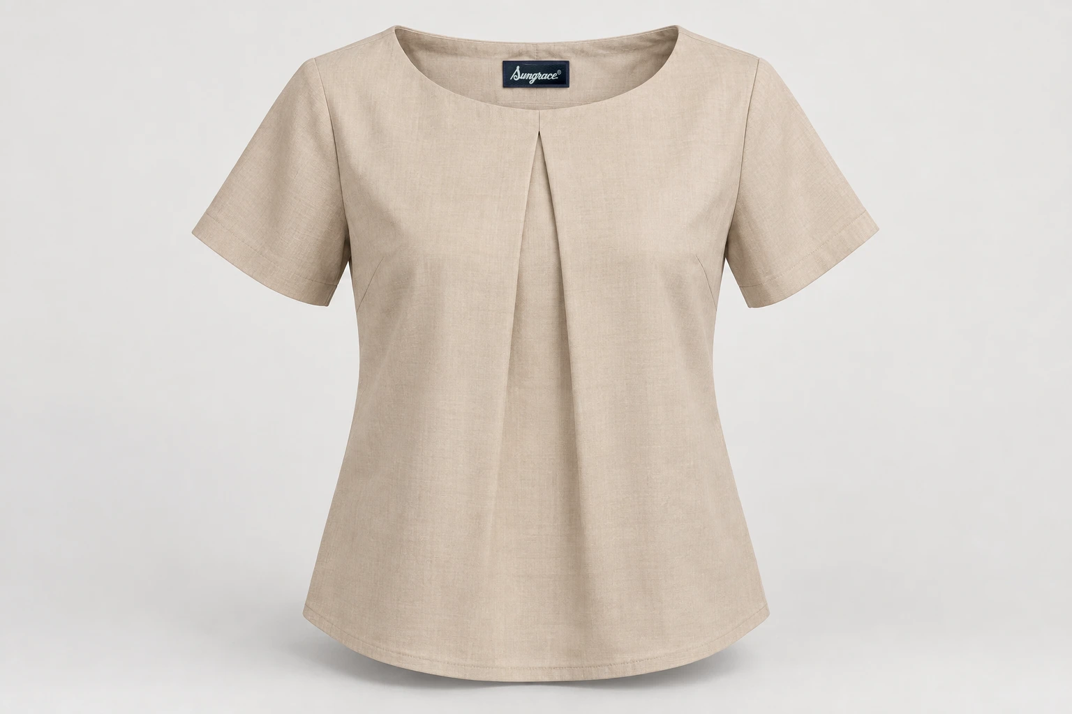 Corporate Blouses — Stone-beige women's short-sleeve blouse, modest shallow boat neck and small front box pleat. product front. Illustrative catalogue concept.
