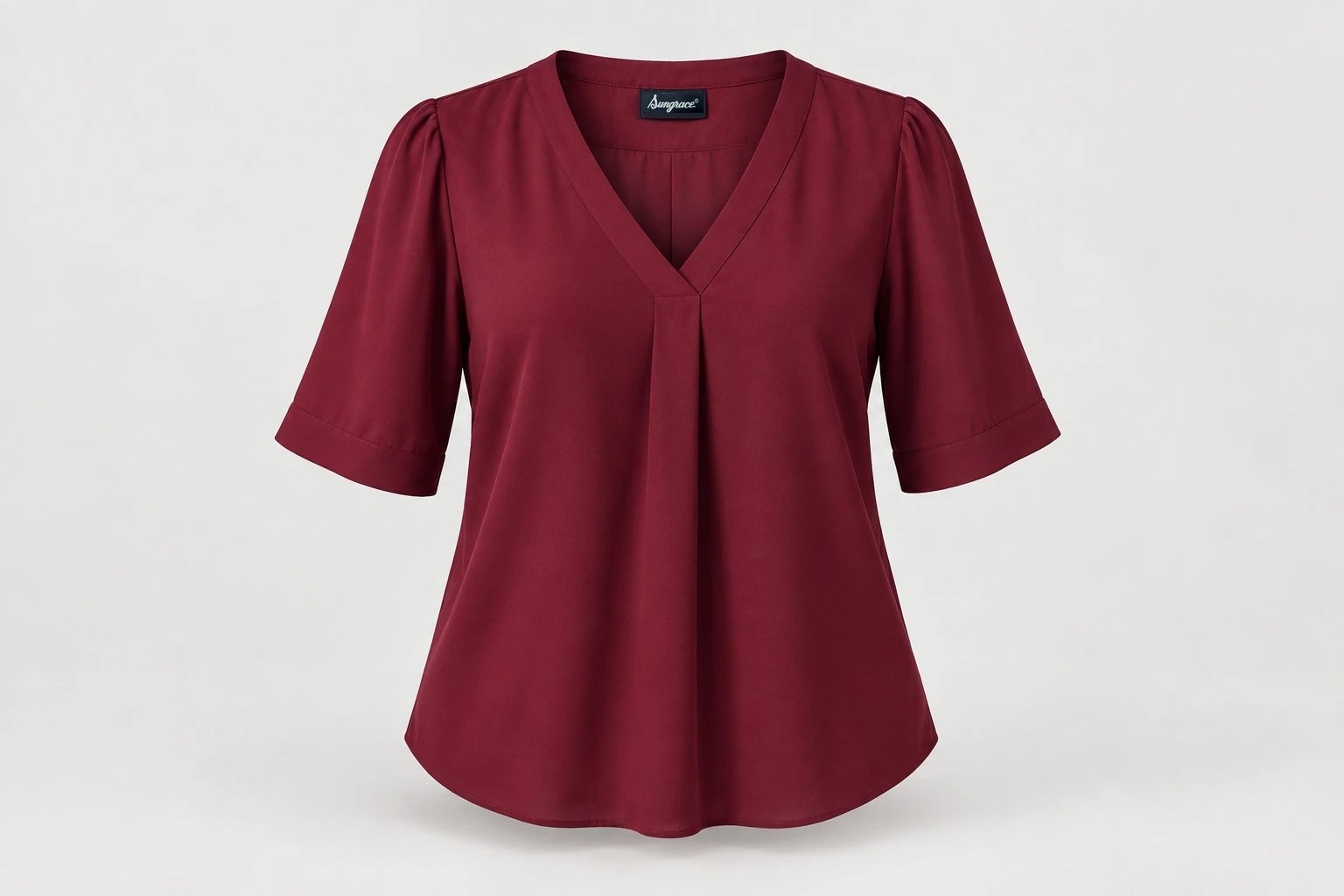 Corporate Blouses — Burgundy women's elbow-sleeve office blouse, modest V neck, smooth fluid drape. product front. Illustrative catalogue concept.