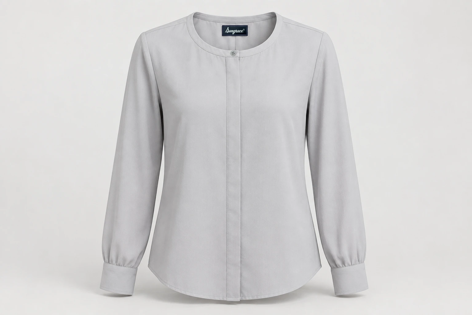 Corporate Blouses — Pale-grey women's long-sleeve collarless blouse, round neckline, neat covered full placket. product front. Illustrative catalogue concept.