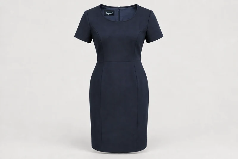 Corporate Dresses — Women's navy knee-length short-sleeve tailored sheath dress, modest round neckline, princess seams. product front. Illustrative catalogue concept.