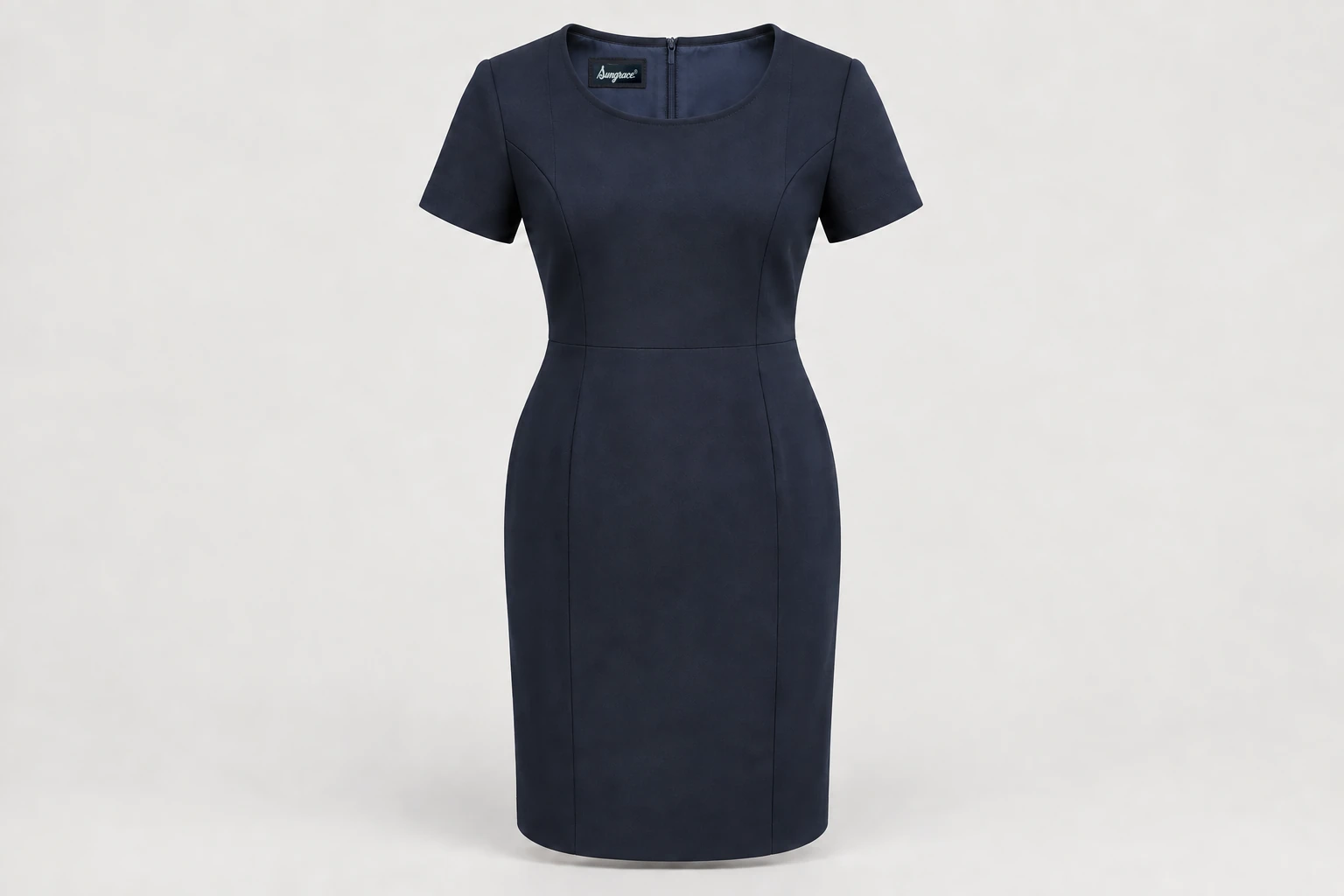 Corporate Dresses — Women's navy knee-length short-sleeve tailored sheath dress, modest round neckline, princess seams. product front. Illustrative catalogue concept.