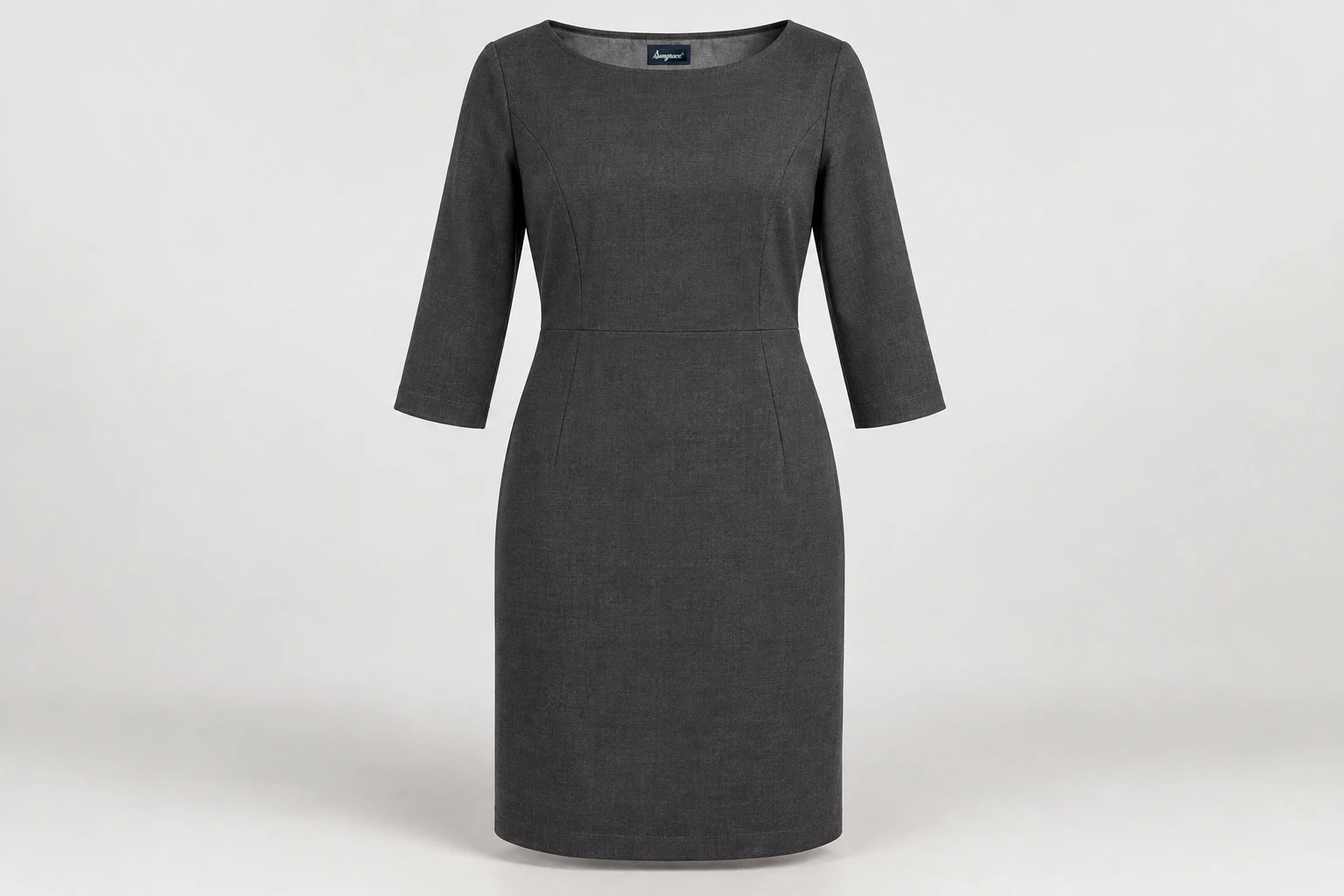 Corporate Dresses — Women's charcoal knee-length three-quarter-sleeve shift dress, modest boat neck, subtle waist seams. product front. Illustrative catalogue concept.