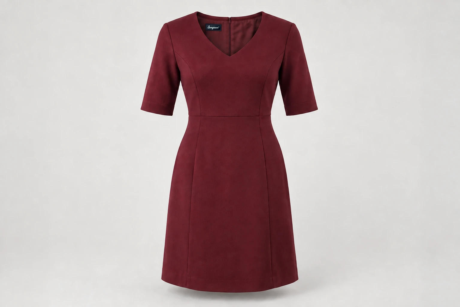 Corporate Dresses — Women's burgundy knee-length elbow-sleeve tailored dress, modest shallow V-neck, smooth panels. product front. Illustrative catalogue concept.
