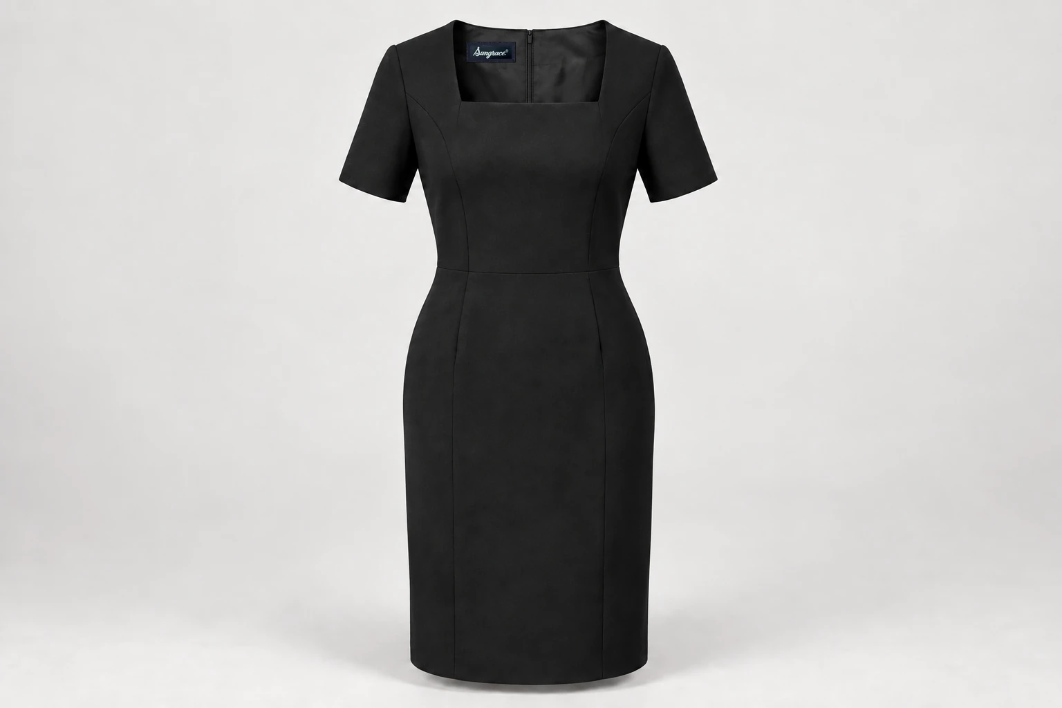 Corporate Dresses — Women's black below-knee short-sleeve sheath dress, modest square neckline and shaped waist. product front. Illustrative catalogue concept.