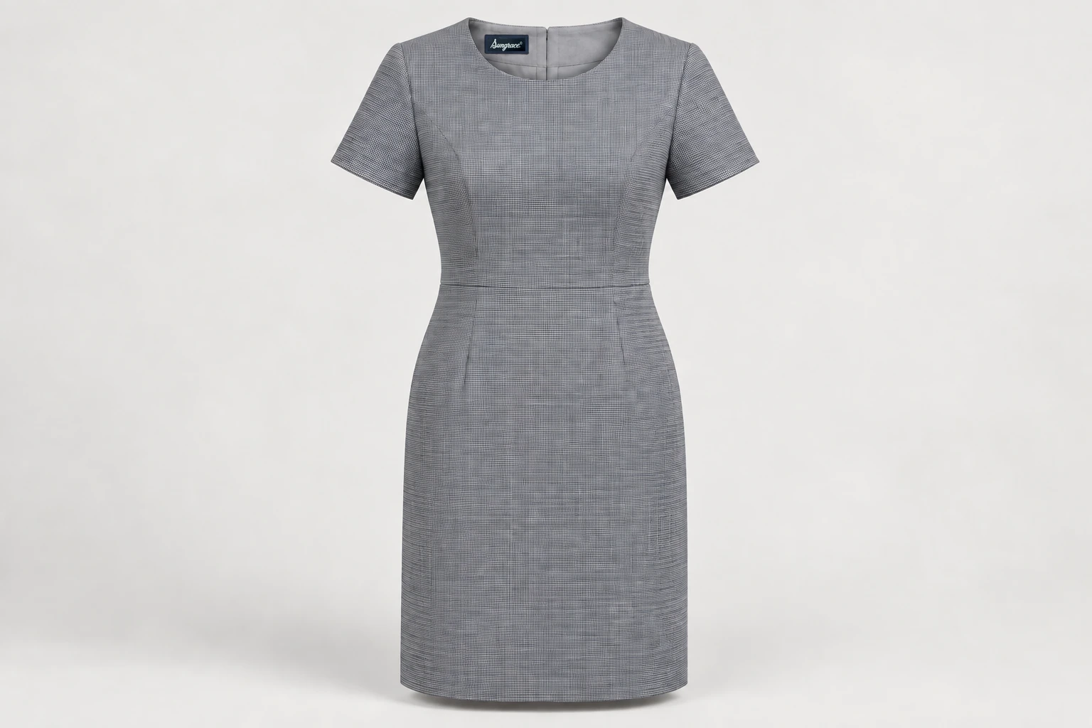 Corporate Dresses — Women's pale-grey fine navy microcheck knee-length short-sleeve office dress with modest round neck. product front. Illustrative catalogue concept.