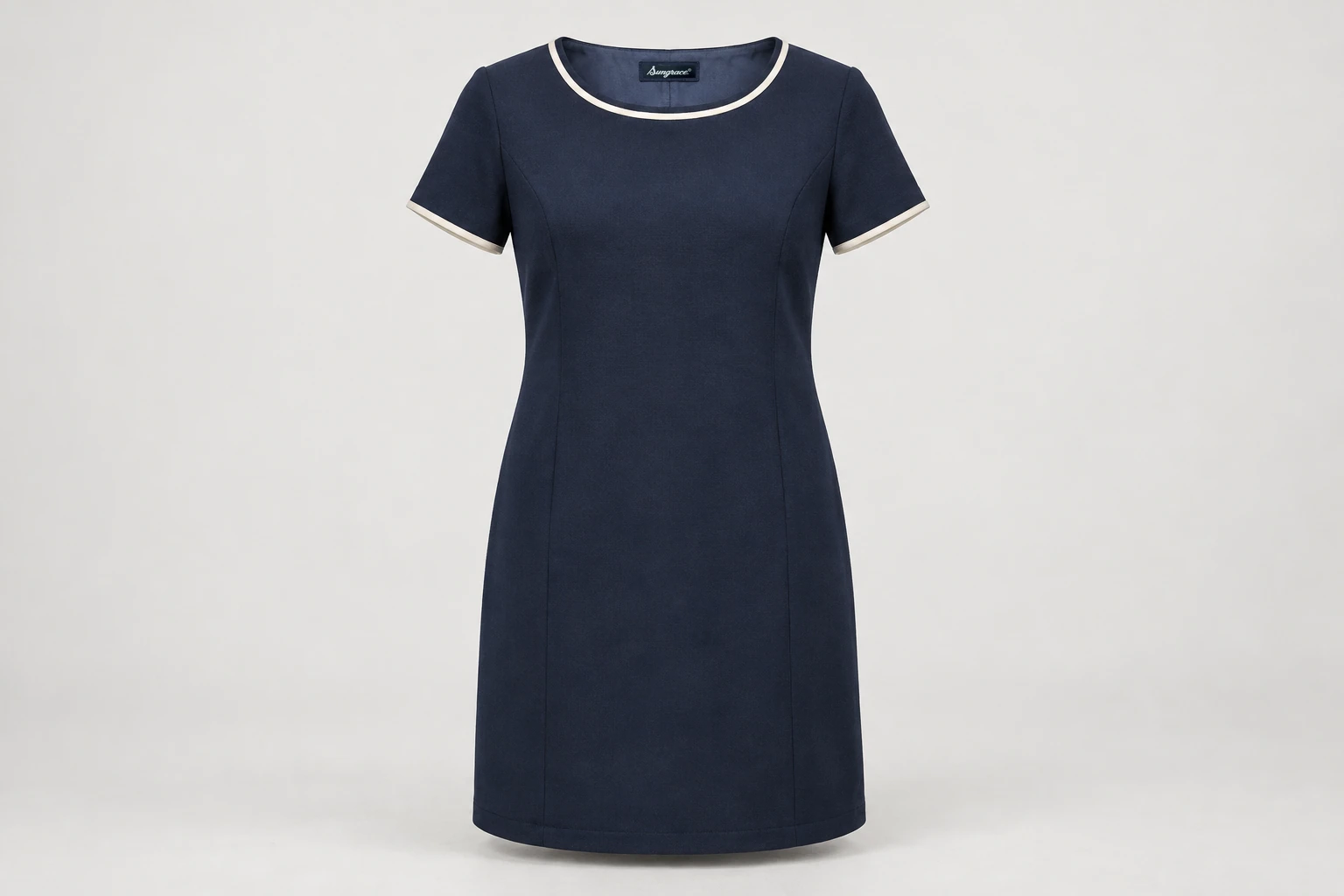 Corporate Dresses — Women's navy knee-length short-sleeve shift dress with restrained ivory neckline and cuff piping, modest round neck. product front. Illustrative catalogue concept.