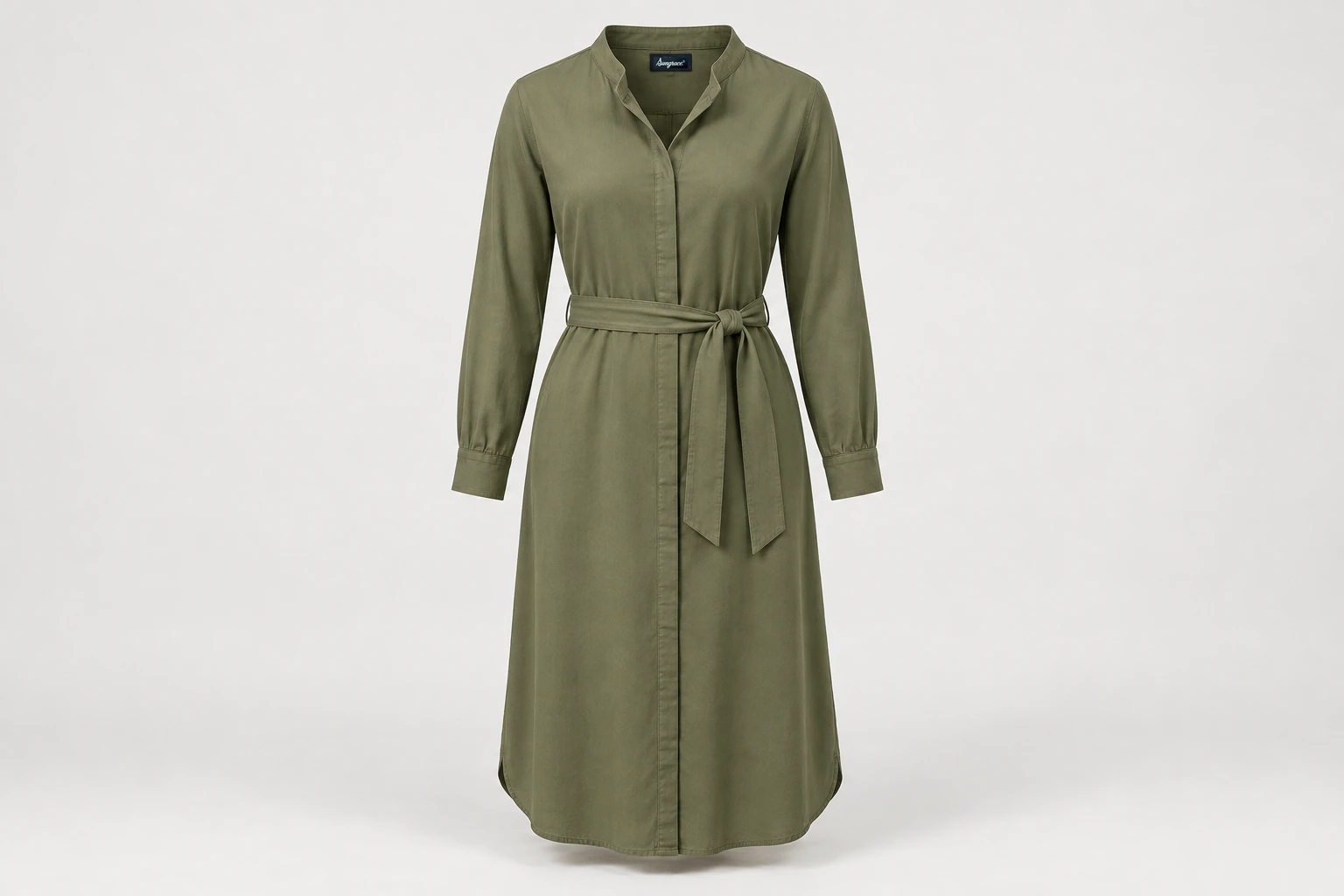 Corporate Dresses — Women's muted olive below-knee long-sleeve corporate shirt dress, band collar, covered placket and matching fabric belt. product front. Illustrative catalogue concept.