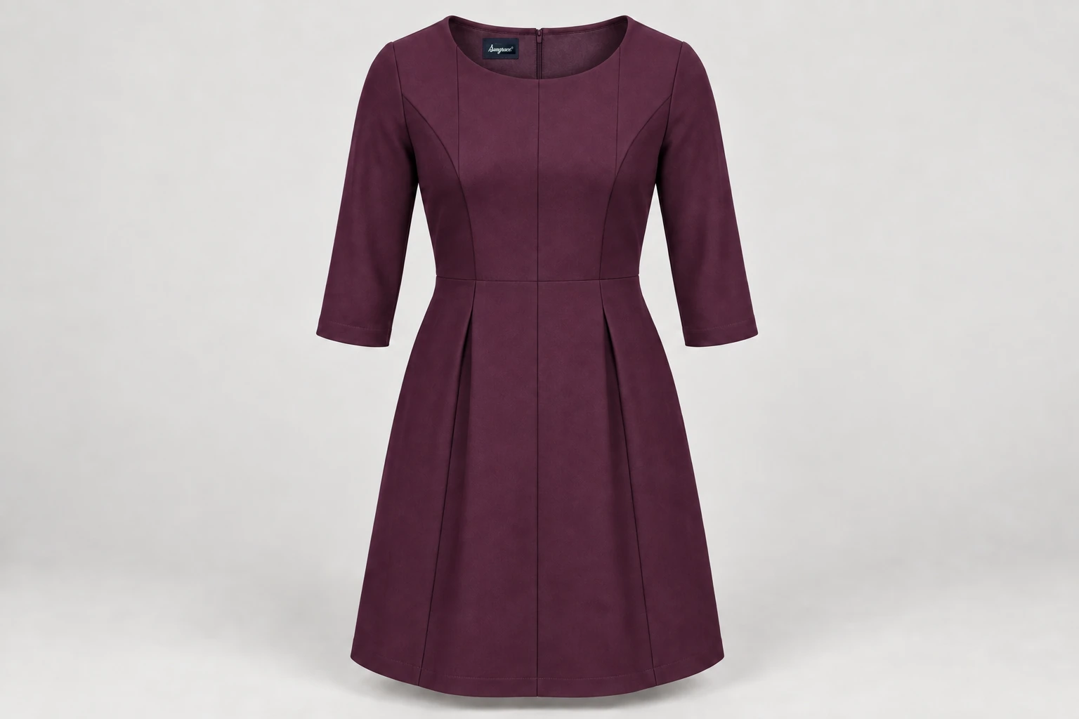 Corporate Dresses — Women's deep plum knee-length three-quarter-sleeve panelled office dress, modest round neckline. product front. Illustrative catalogue concept.