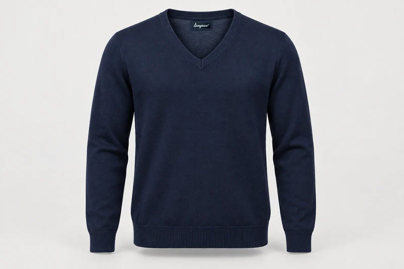 Corporate Knitwear — Adult unisex navy fine-gauge long-sleeve V-neck sweater, smooth cotton-knit texture, ribbed cuffs and hem. product front. Illustrative catalogue concept.