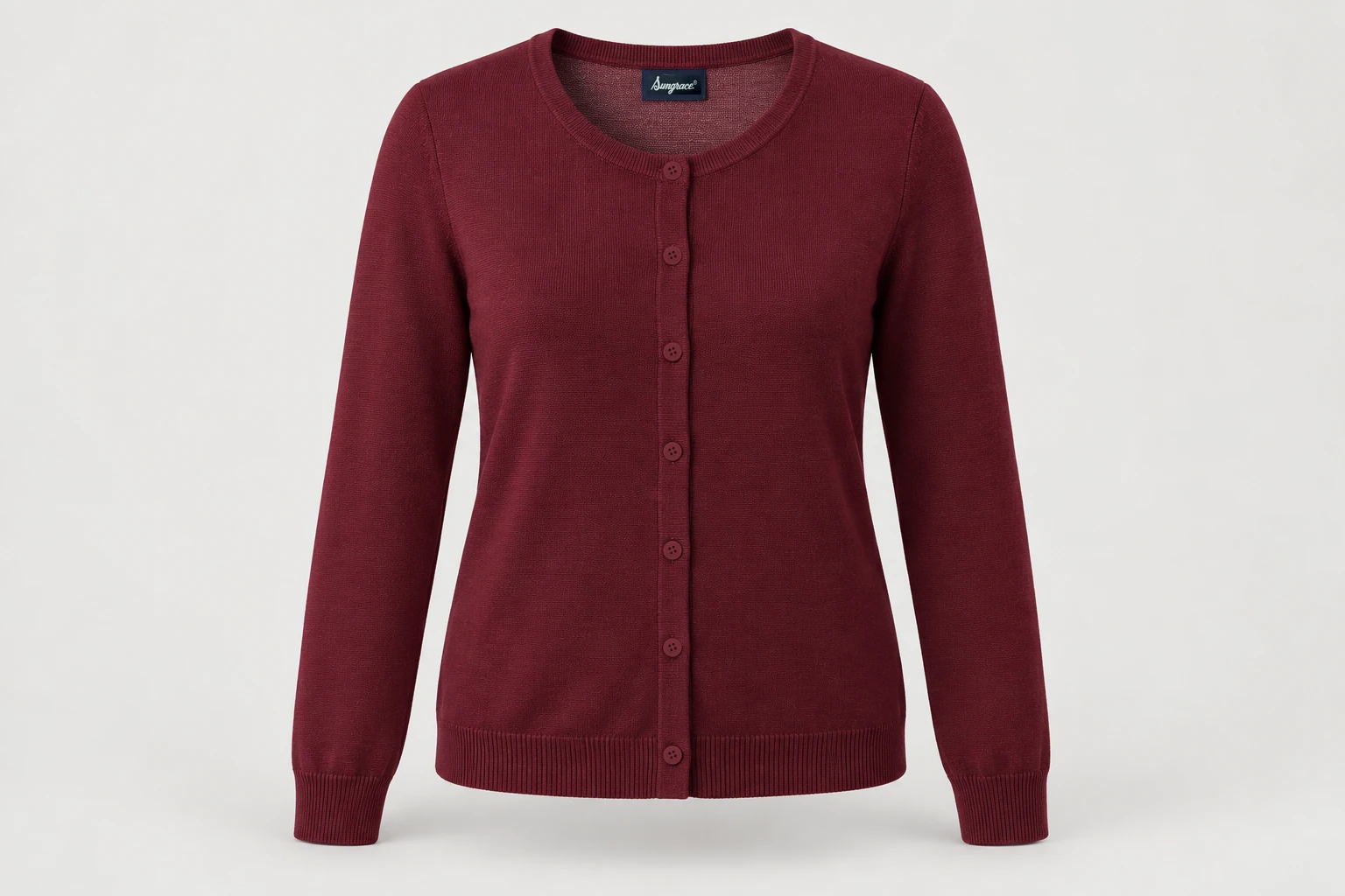 Corporate Knitwear — Women's burgundy fine-gauge round-neck long-sleeve cardigan with small matching buttons. product front. Illustrative catalogue concept.