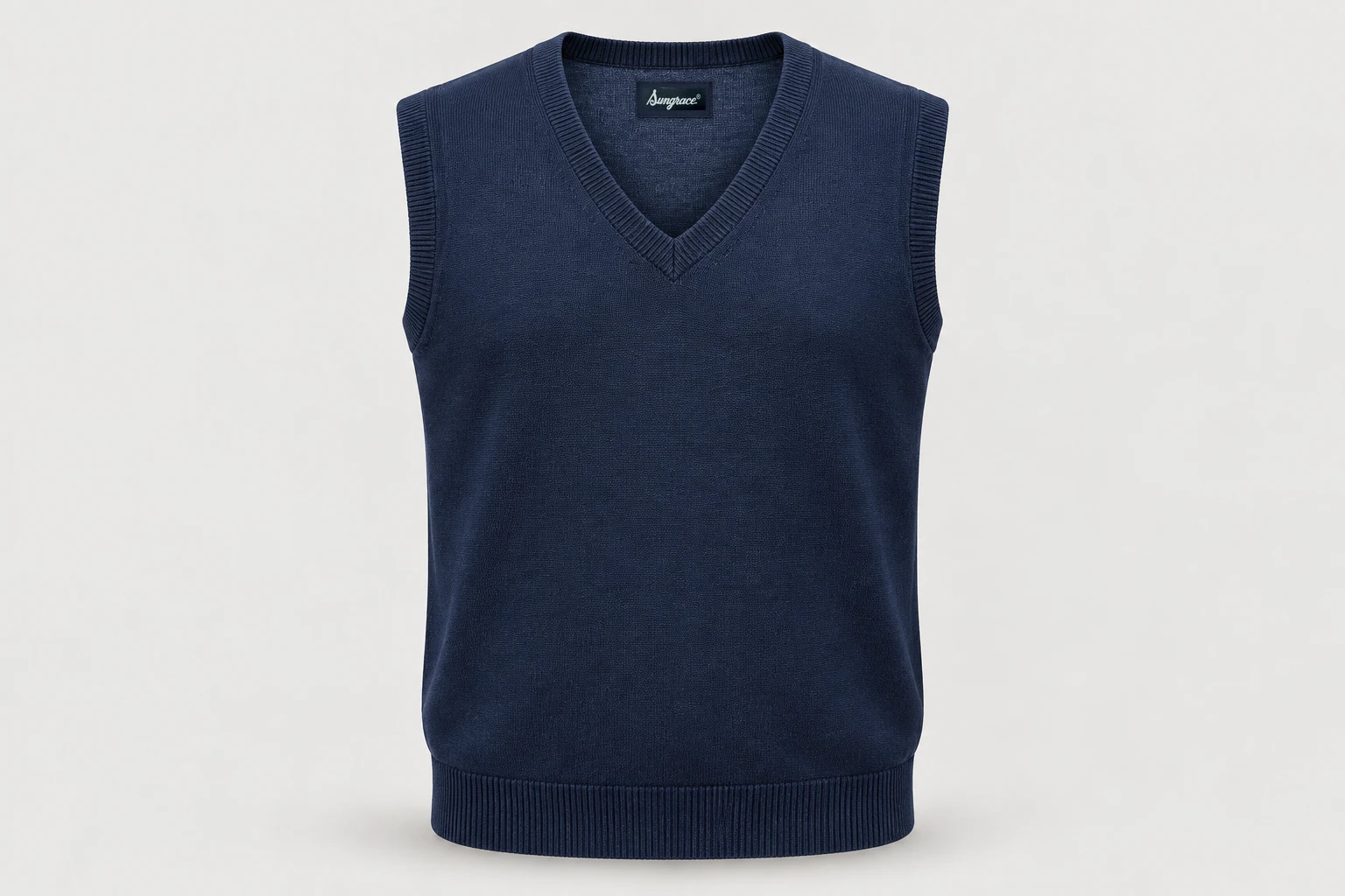 Corporate Knitwear — Men's navy sleeveless V-neck fine-gauge sweater vest with ribbed hem. product front. Illustrative catalogue concept.