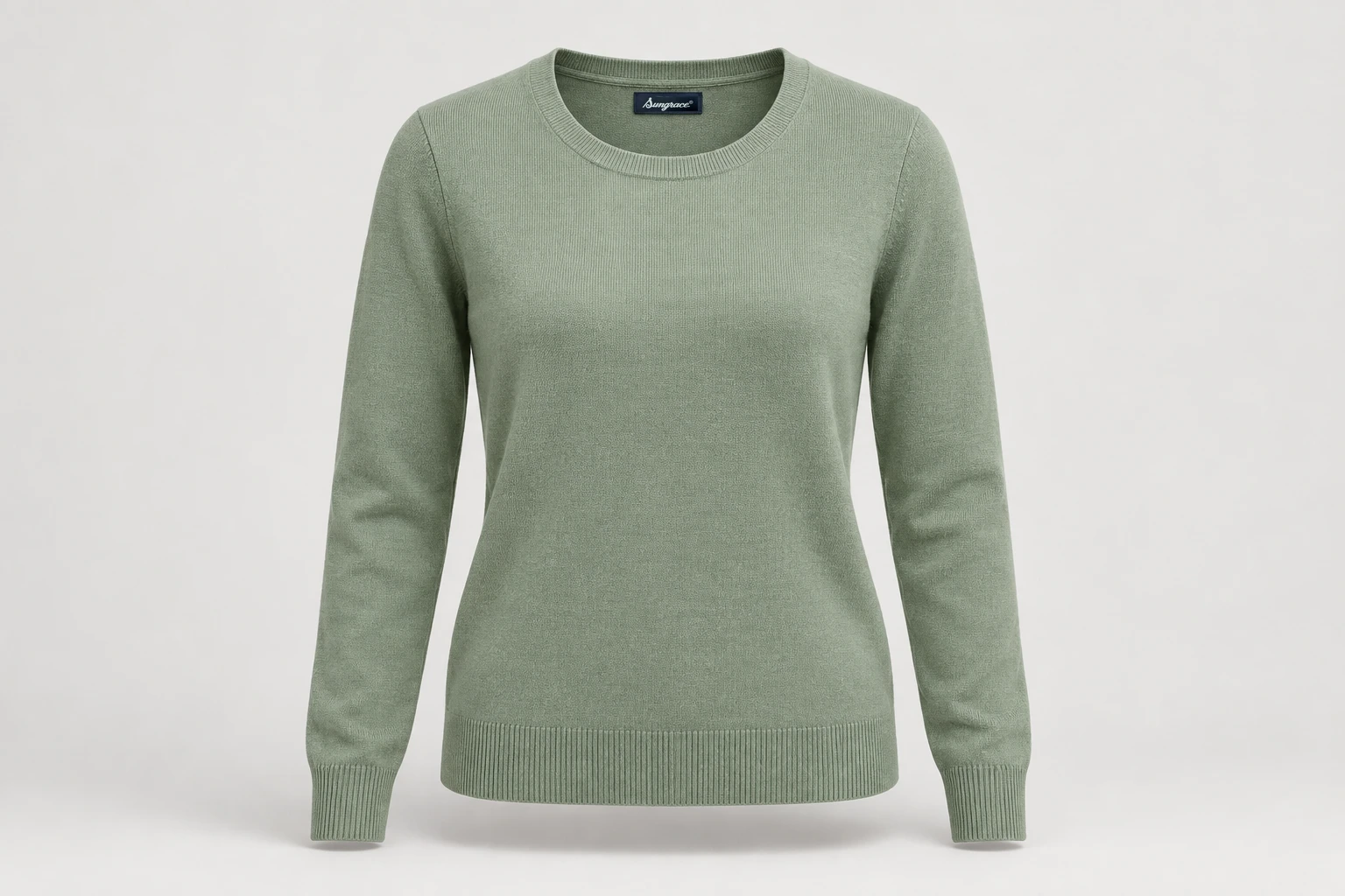 Corporate Knitwear — Women's muted sage fine-gauge long-sleeve crew-neck sweater with neat rib trims. product front. Illustrative catalogue concept.