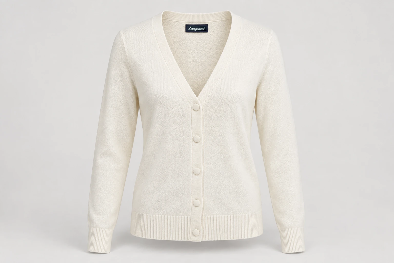 Corporate Knitwear — Women's ivory fine-gauge V-neck long-sleeve cardigan with ivory covered buttons. product front. Illustrative catalogue concept.