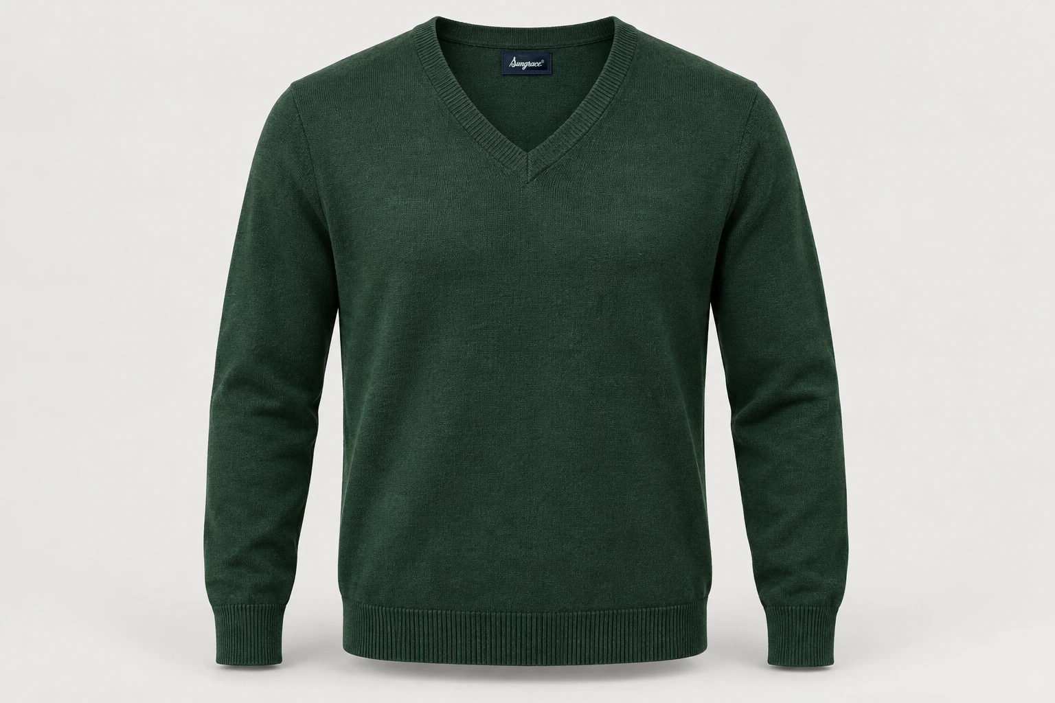 Corporate Knitwear — Unisex forest-green fine-gauge long-sleeve V-neck sweater, tonal rib trim. product front. Illustrative catalogue concept.