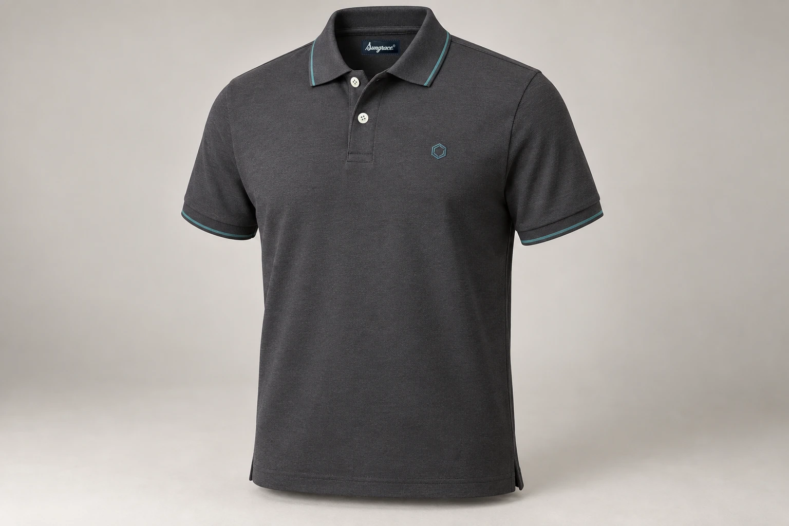 Corporate Polo Shirts — Charcoal polo with muted teal collar tipping. product front. Illustrative catalogue concept.