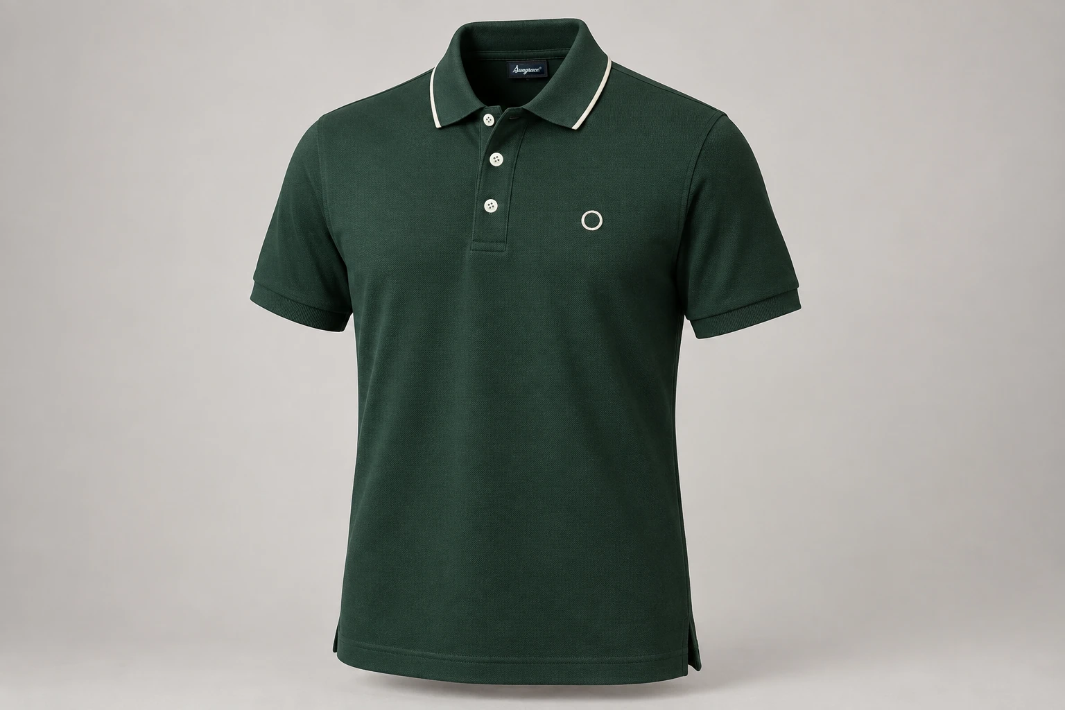 Corporate Polo Shirts — Bottle-green polo with neat cream trim. product front. Illustrative catalogue concept.