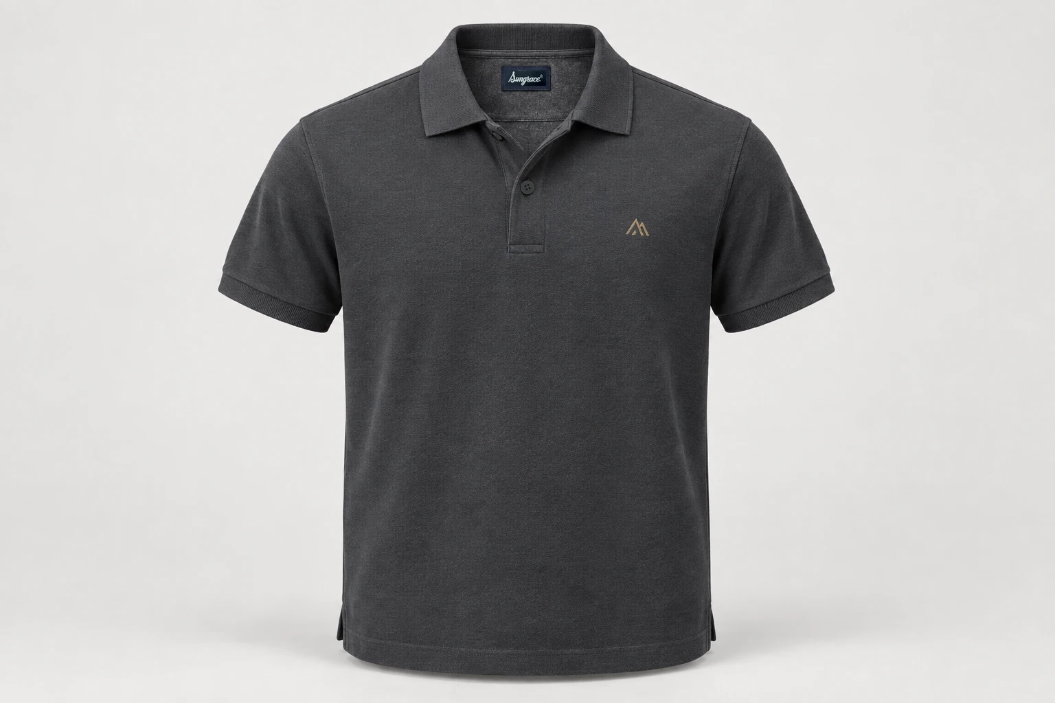 Corporate Polo Shirts — Unisex charcoal short-sleeve cotton pique polo, tonal rib collar and cuffs, concealed two-button placket, small original muted gold geometric wearer-left chest motif. product front. Illustrative catalogue concept.