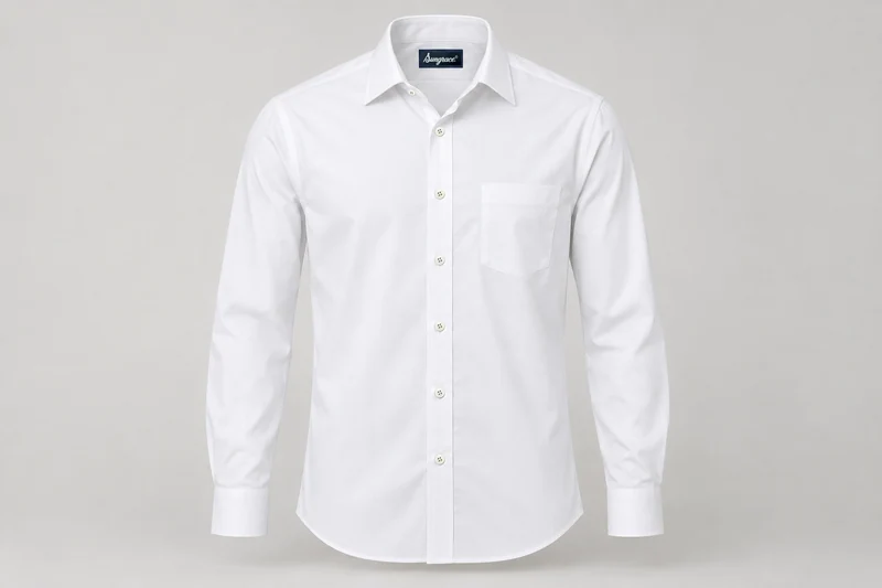 Corporate Shirts — Crisp white cotton poplin men's long-sleeve shirt, spread collar, barrel cuffs, regular tailored fit and wearer-left patch pocket. product front. Illustrative catalogue concept.