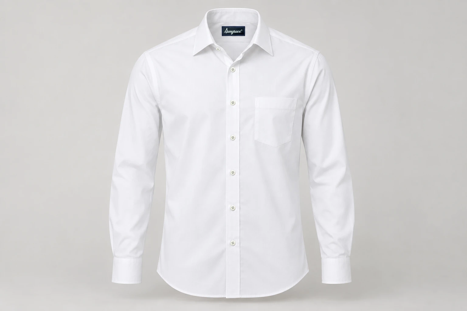 Corporate Shirts — Crisp white cotton poplin men's long-sleeve shirt, spread collar, barrel cuffs, regular tailored fit and wearer-left patch pocket. product front. Illustrative catalogue concept.