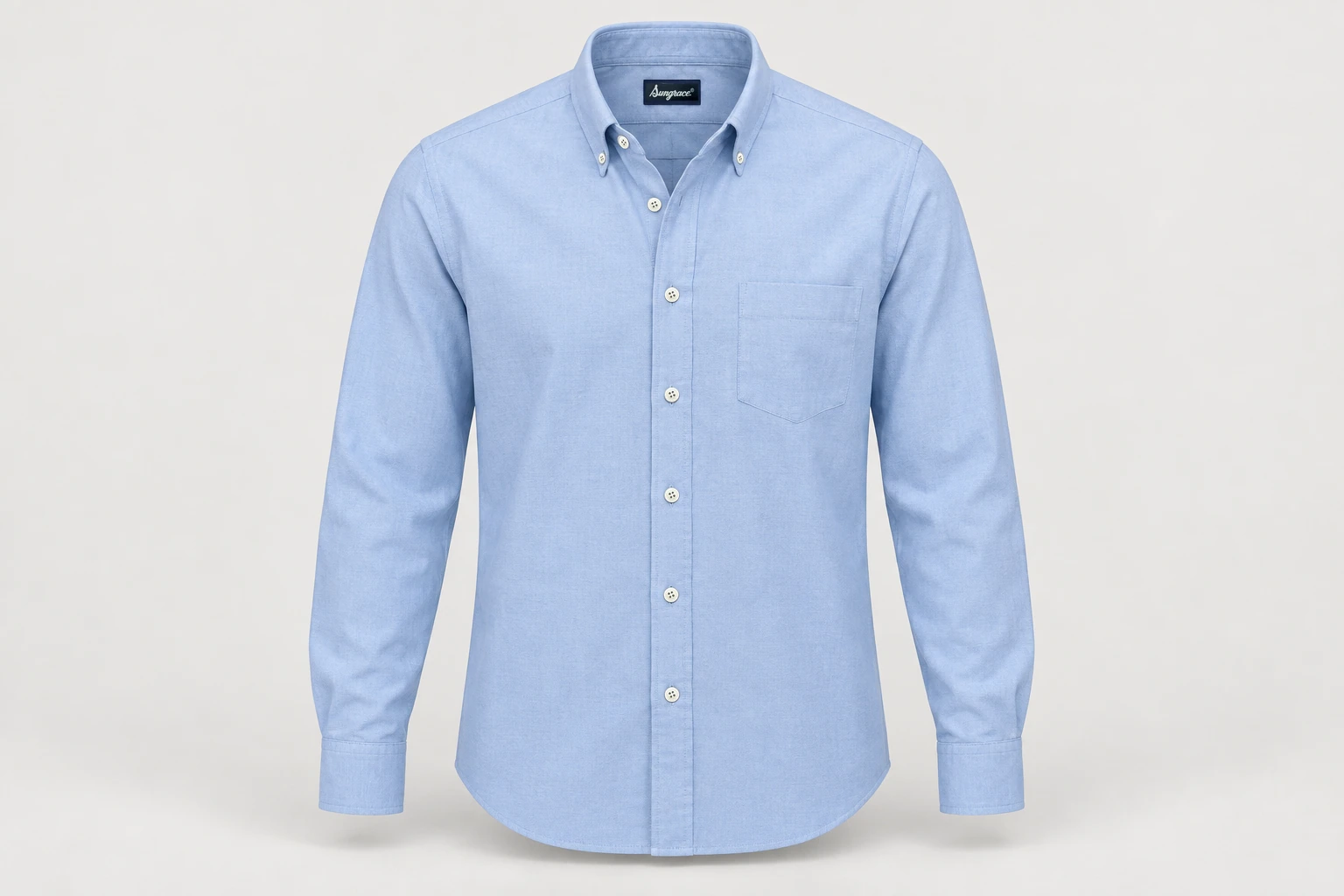 Corporate Shirts — Sky-blue Oxford men's long-sleeve shirt, button-down collar, classic regular fit, neat chest pocket. product front. Illustrative catalogue concept.