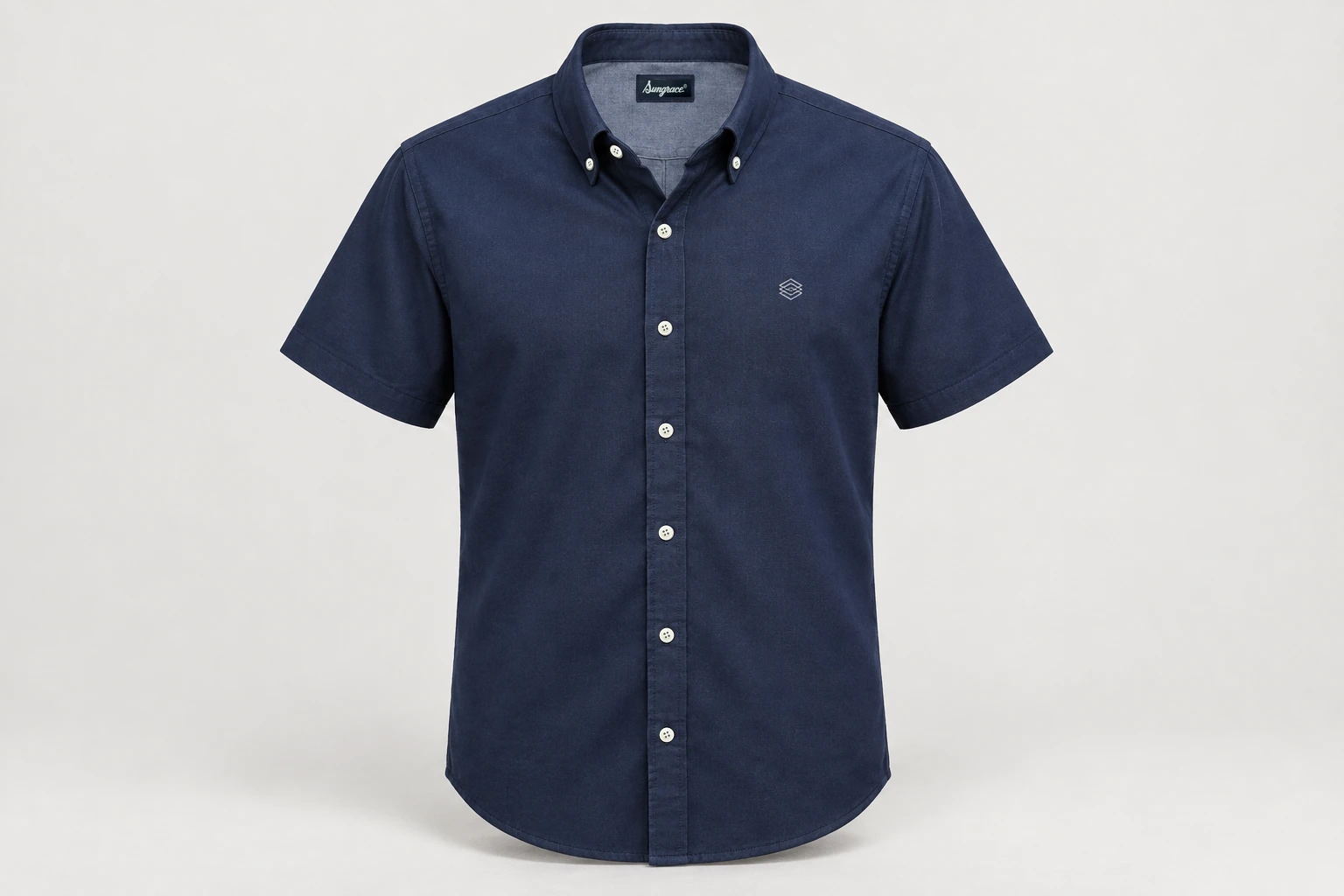 Corporate Shirts — Navy Oxford unisex short-sleeve shirt, button-down collar, no pocket, small original silver geometric chest embroidery. product front. Illustrative catalogue concept.