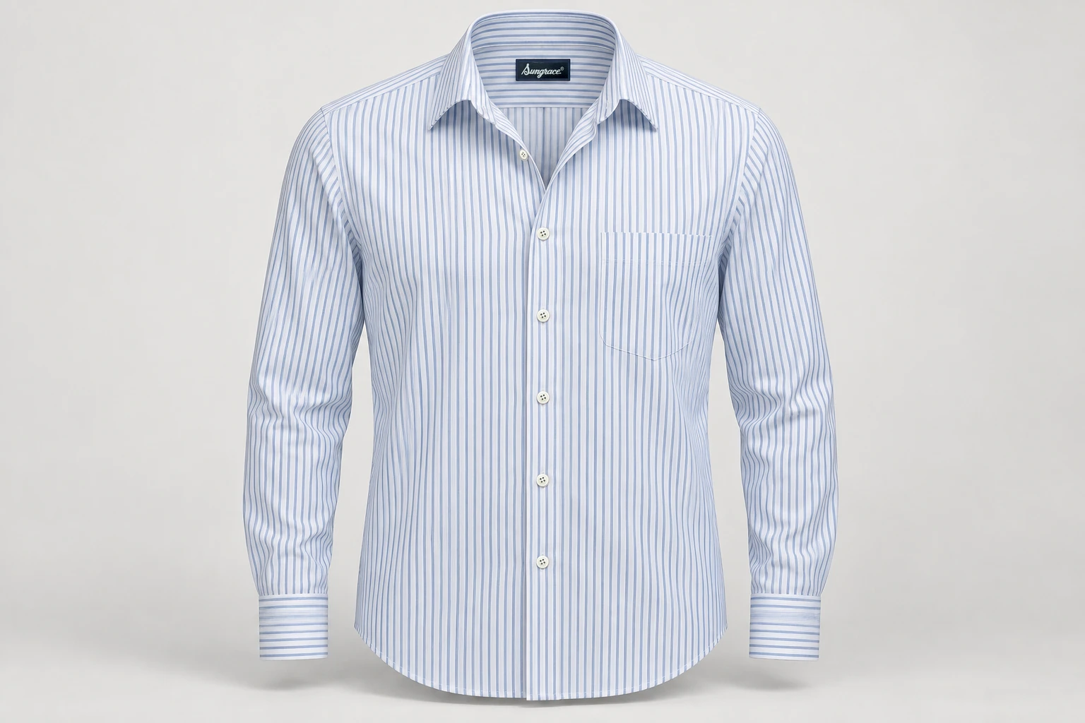 Corporate Shirts — White and fine-blue vertical pinstripe men's long-sleeve shirt, semi-spread collar and chest pocket. product front. Illustrative catalogue concept.