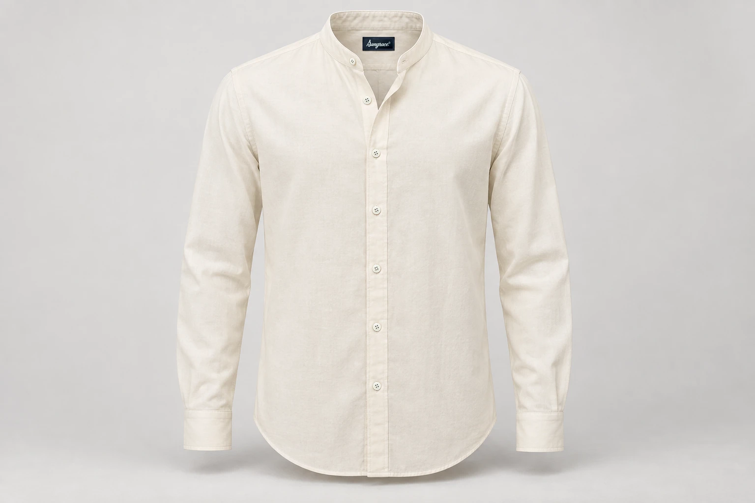 Corporate Shirts — Ivory cotton men's long-sleeve band-collar shirt with narrow band and rounded hem, no pocket. product front. Illustrative catalogue concept.
