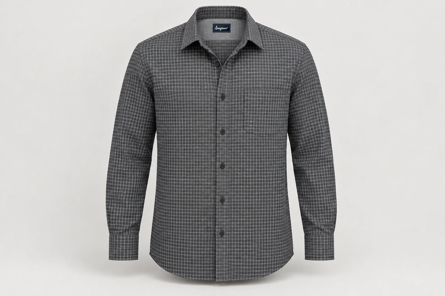 Corporate Shirts — Charcoal and pale-grey small woven microcheck men's long-sleeve shirt, point collar, chest pocket. product front. Illustrative catalogue concept.
