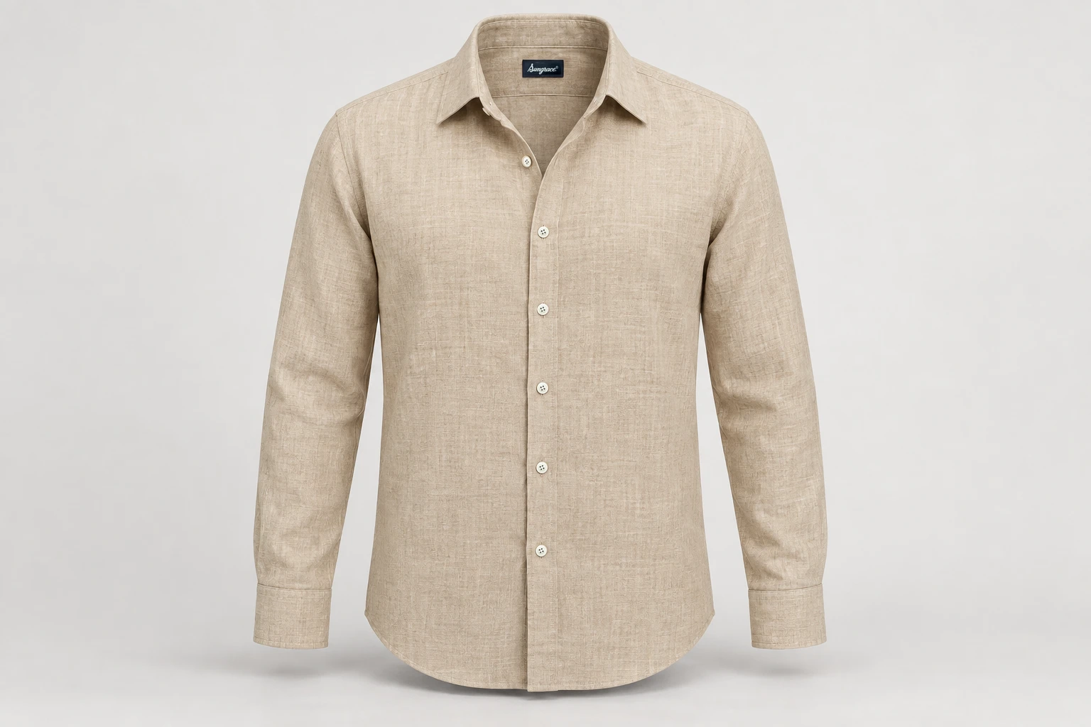 Corporate Shirts — Sand-beige linen-look men's long-sleeve shirt, spread collar, refined relaxed fit, no pocket. product front. Illustrative catalogue concept.