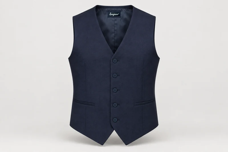 Waistcoats — Men's navy five-button single-breasted formal waistcoat, V-neck, two lower welt pockets, pointed hem, navy tonal buttons. product front. Illustrative catalogue concept.