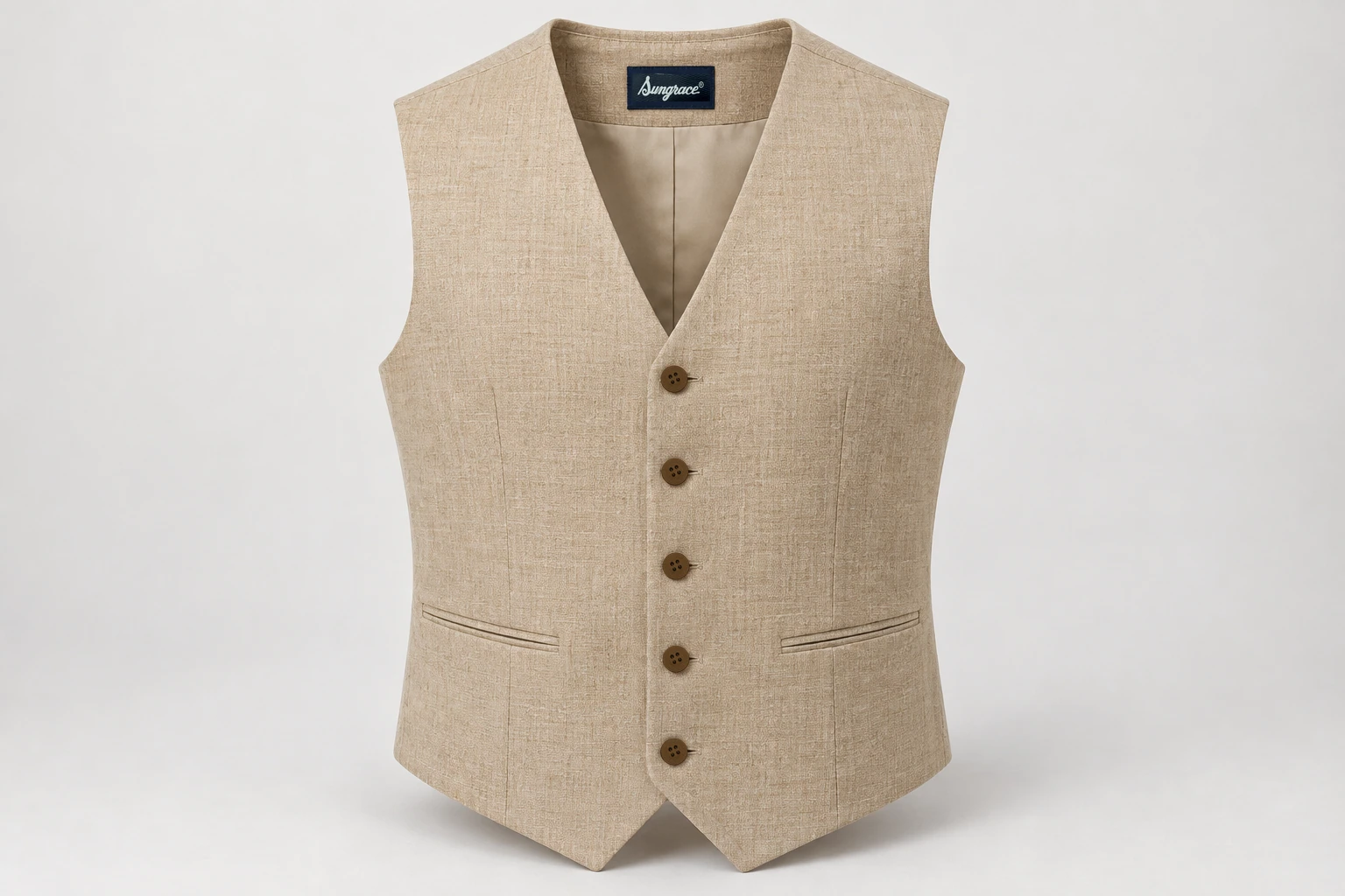 Waistcoats — Men's sand linen-look five-button waistcoat, V neck, two small lower welt pockets, brown horn-effect buttons. product front. Illustrative catalogue concept.