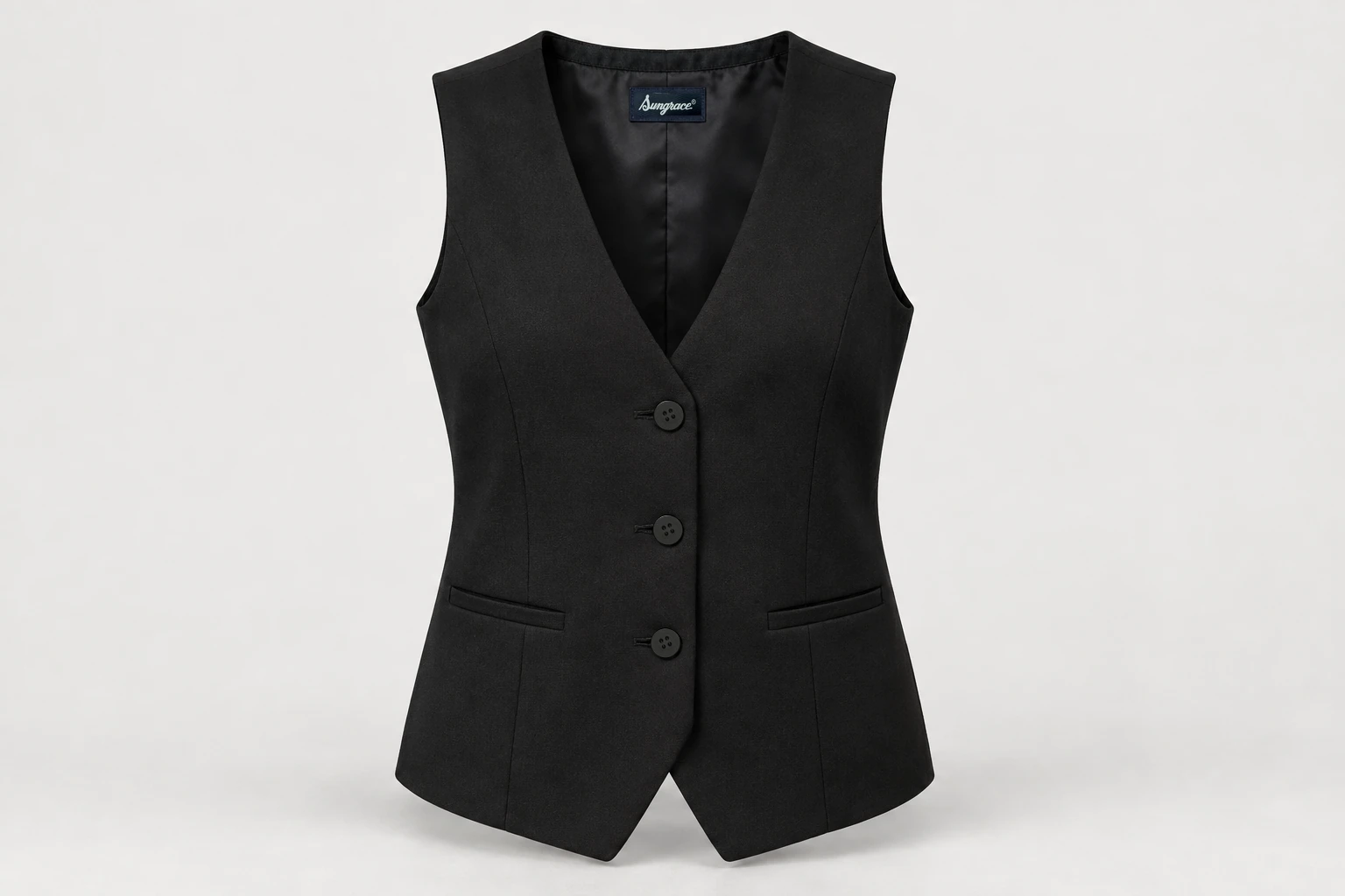 Waistcoats — Women's black longline three-button waistcoat, V neck, hip welt pockets, tonal black buttons. product front. Illustrative catalogue concept.