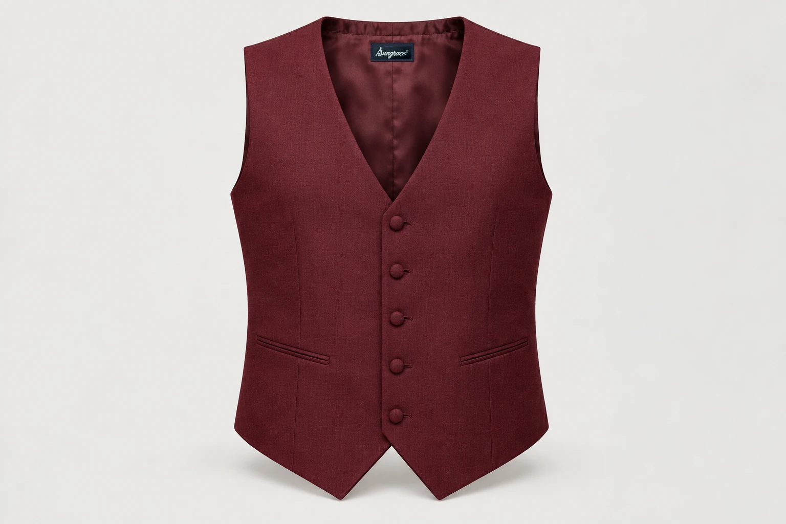 Waistcoats — Men's burgundy five-button waistcoat, V-neck, pointed hem, burgundy covered buttons. product front. Illustrative catalogue concept.