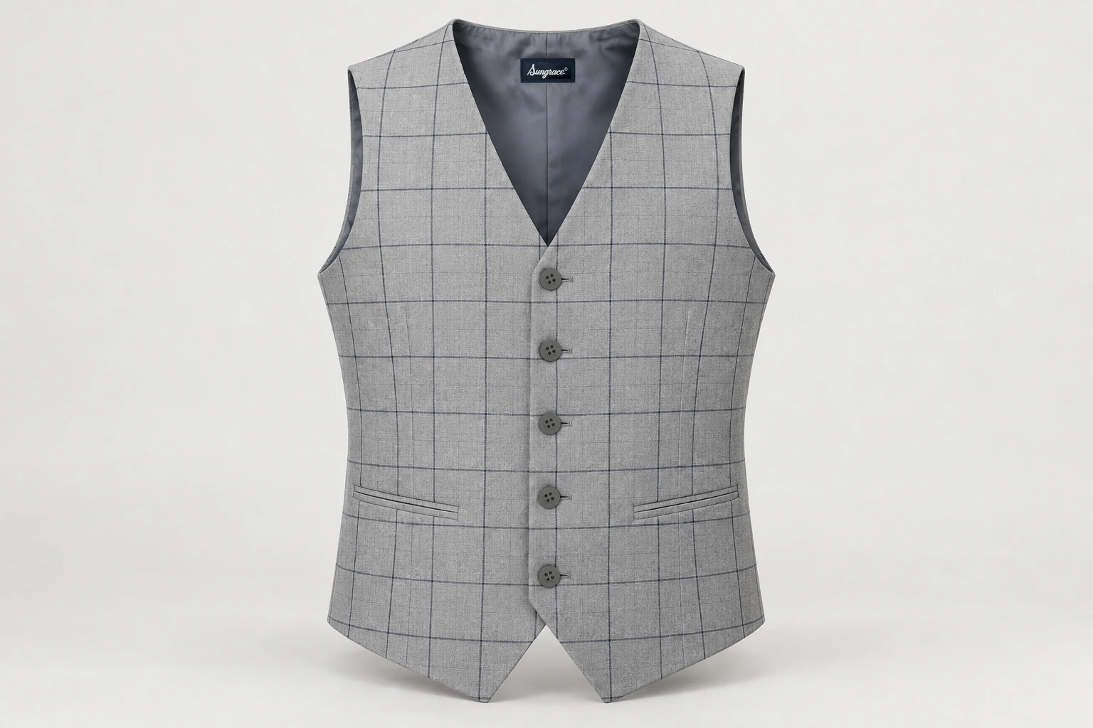 Waistcoats — Men's pale-grey waistcoat with thin navy windowpane check, five buttons and V-neck. product front. Illustrative catalogue concept.