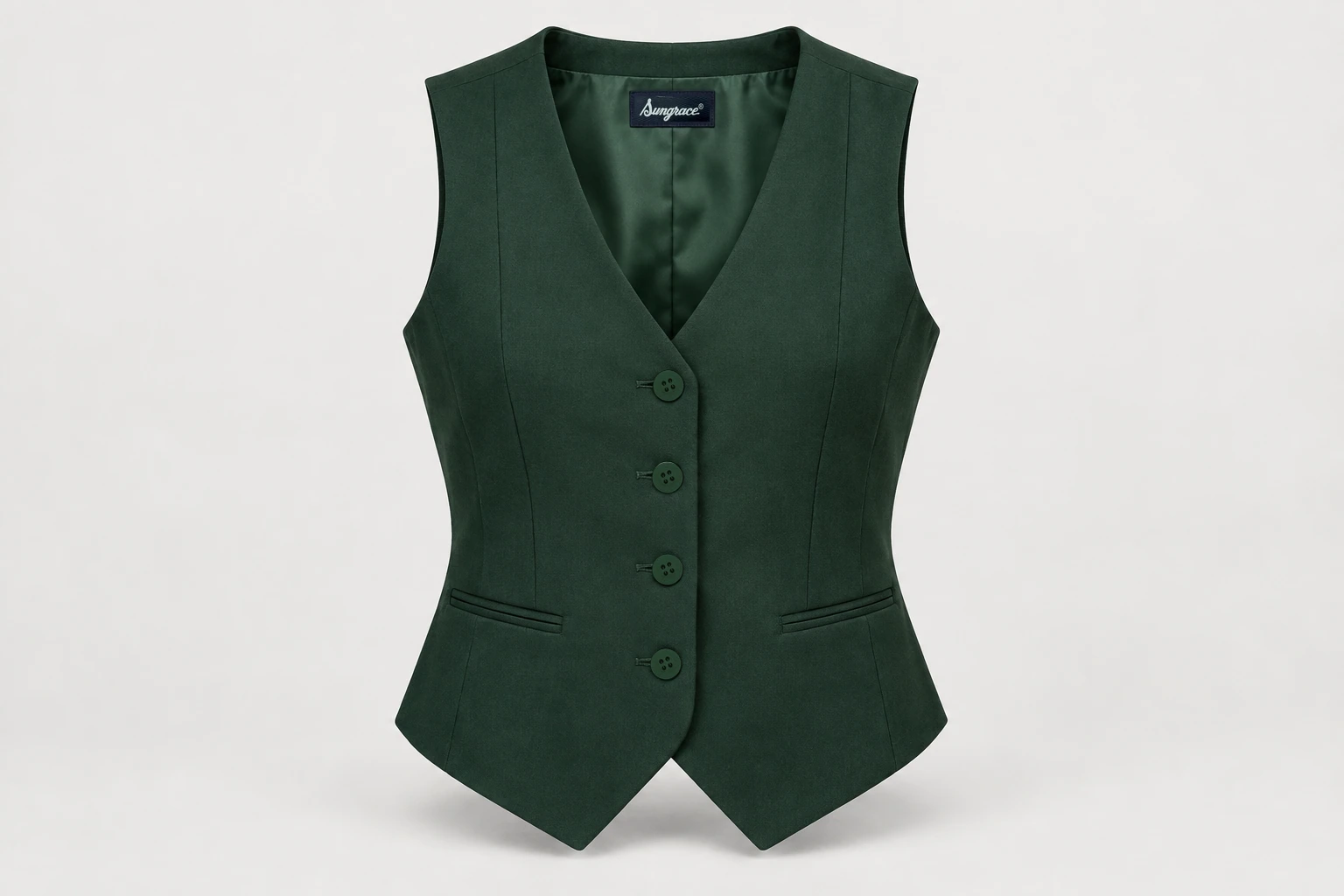 Waistcoats — Women's deep forest-green V-neck waistcoat, four matching buttons and shaped seams. product front. Illustrative catalogue concept.