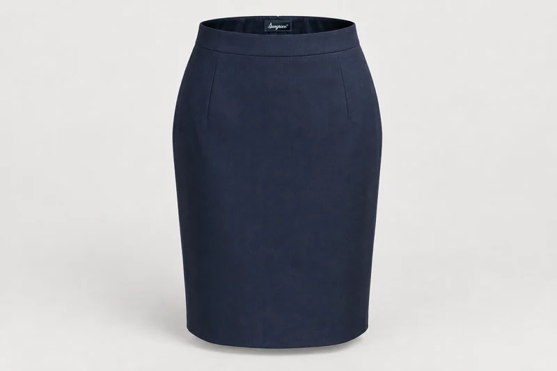 Formal Skirts — Women's navy knee-length tailored pencil skirt, straight waistband, concealed back vent. product front. Illustrative catalogue concept.