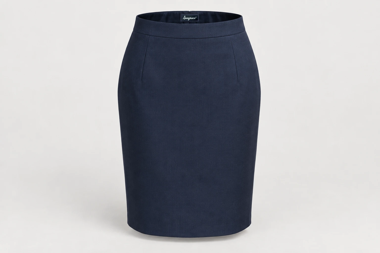 Formal Skirts — Women's navy knee-length tailored pencil skirt, straight waistband, concealed back vent. product front. Illustrative catalogue concept.